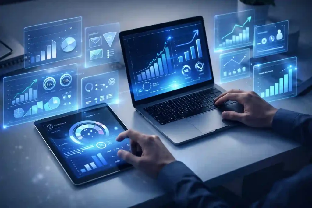 Hands using laptop and tablet with digital marketing analytics dashboards showing SEO metrics, ROI graphs, and performance data — Best Digital Marketing Agency in Chennai concept.