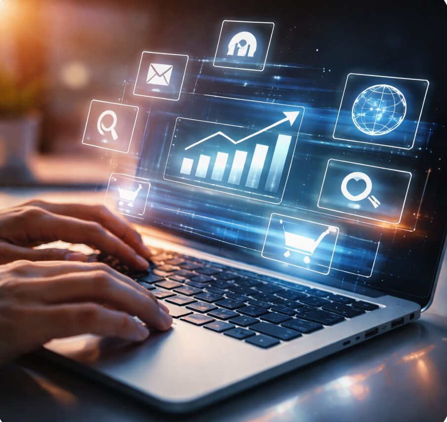 Digital marketing analytics dashboard displayed on laptop with growth chart and online business icons representing SEO and marketing strategy.