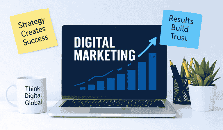 Expert digital marketing growth strategy shown on laptop with analytics graph and success notes