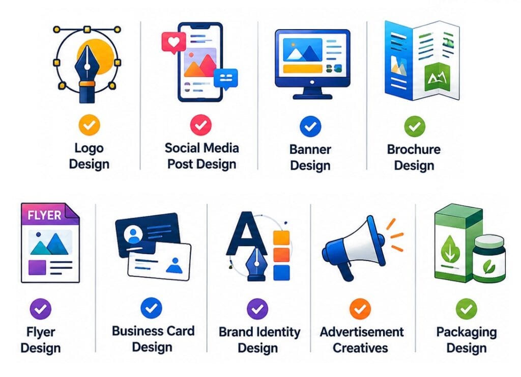 Graphic design services infographic featuring logo design, social media post design, banner, brochure, flyer, business card, branding, advertisement, and packaging design icons