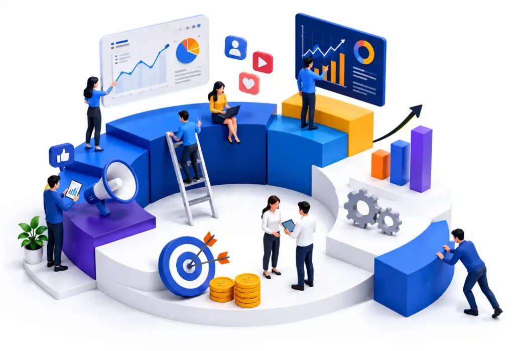 Expert digital marketing illustration showing team collaboration, business analytics, growth charts, audience engagement, and performance driven marketing strategy.