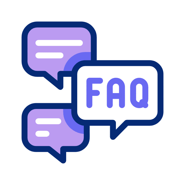Purple FAQ speech bubble icon representing frequently asked questions and customer support communication.