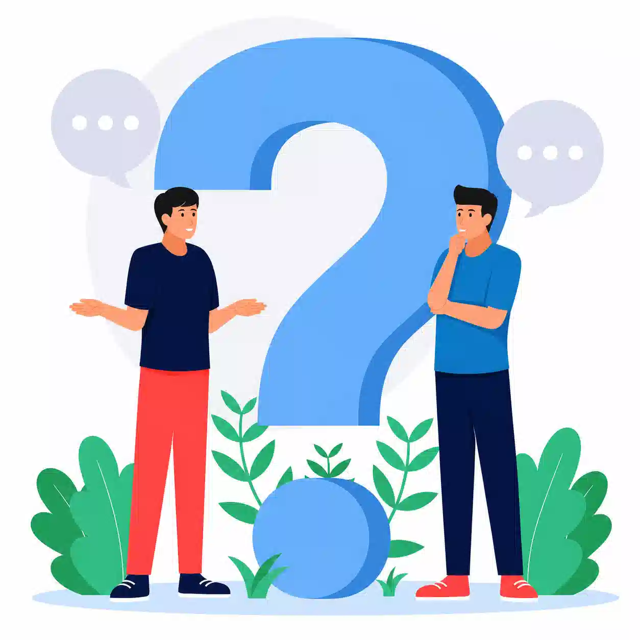 FAQ illustration showing people asking questions and getting answers for digital marketing services