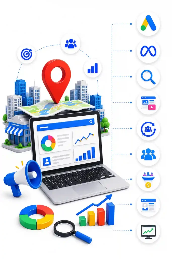 Google Maps Growth Services illustration showing local SEO strategy, Google Business Profile optimization, analytics dashboard, audience targeting, and business growth metrics.