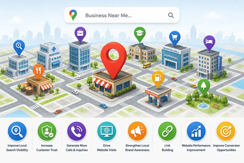 Google Maps Growth Services infographic displaying multiple business locations, local search visibility, website traffic, customer trust, and business growth.