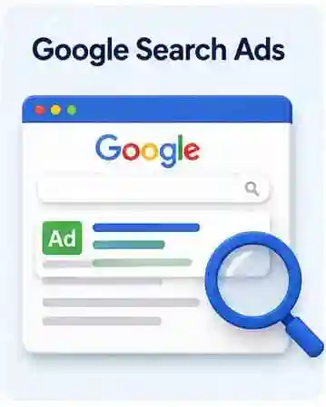 Google Search Ads illustration with search engine ad interface representing PPC Campaign Service for search marketing.