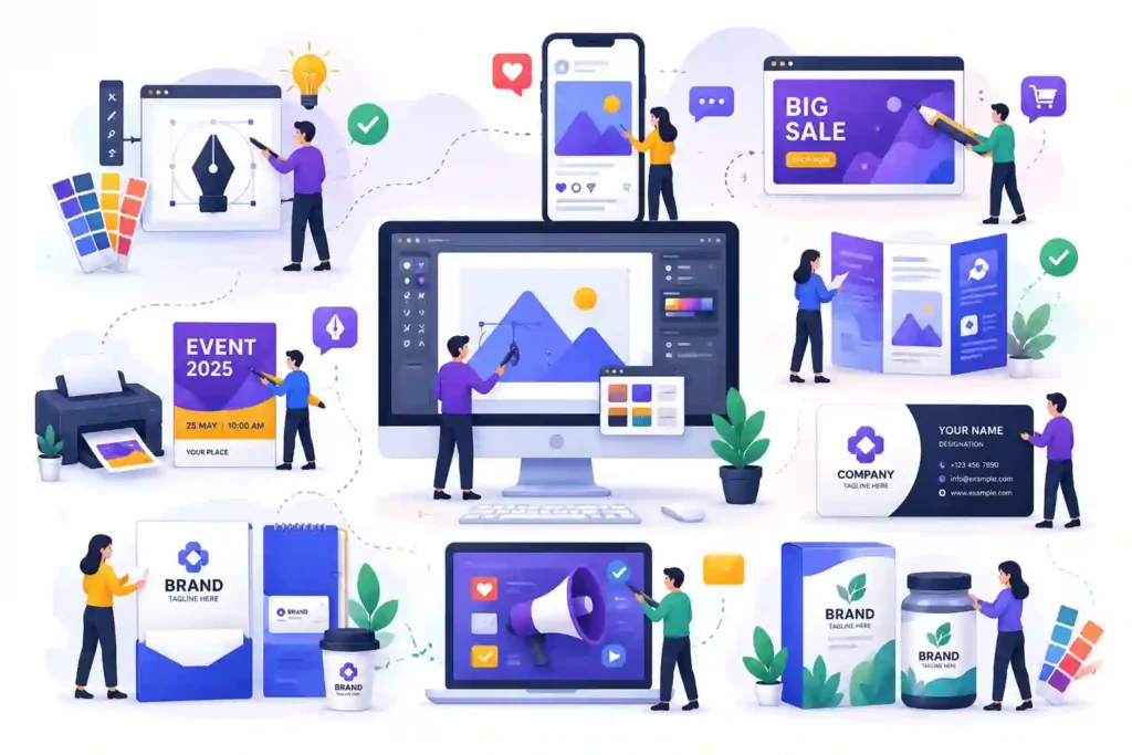 Graphic design services infographic featuring logo design, social media post design, banner, brochure, flyer, business card, branding, advertisement, and packaging design icons