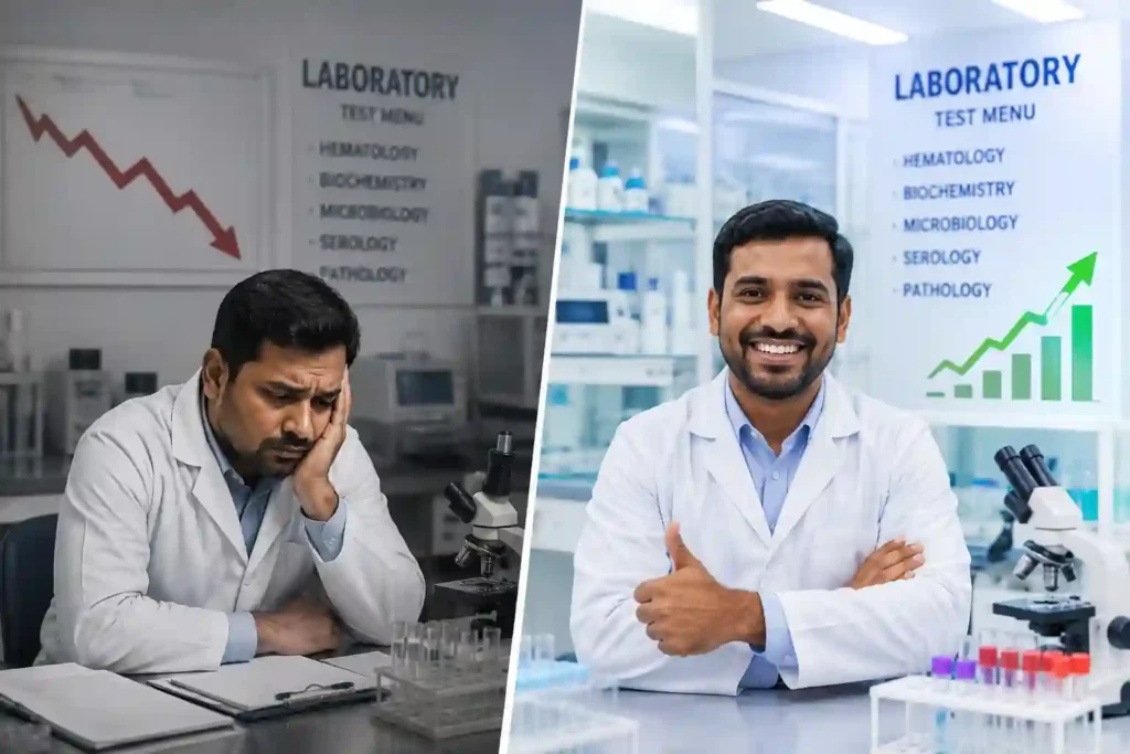 Laboratory owner business growth concept showing a struggling lab transforming into success through Expert Digital Marketing with improved visibility and customer growth.