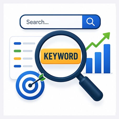 SEO services keyword research icon showing search analysis, target keywords and organic growth