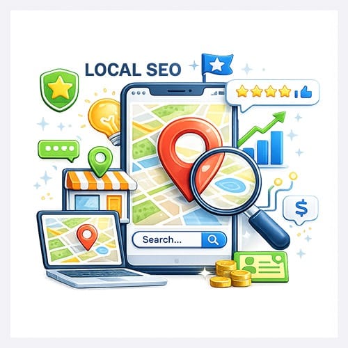 SEO services local SEO icon showing map visibility, local search rankings and business growth