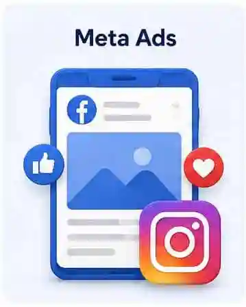 Meta Ads illustration featuring Facebook and Instagram advertising for PPC Campaign Service and social media marketing.