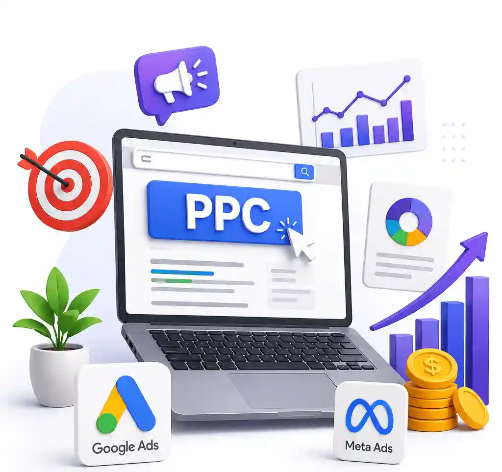 PPC Campaign Service illustration featuring Google Ads, Meta Ads, analytics dashboard, target audience, and business growth elements.