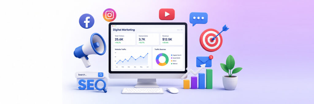 Digital marketing and SEO illustration with analytics dashboard, social media icons, website traffic charts, and online growth elements.