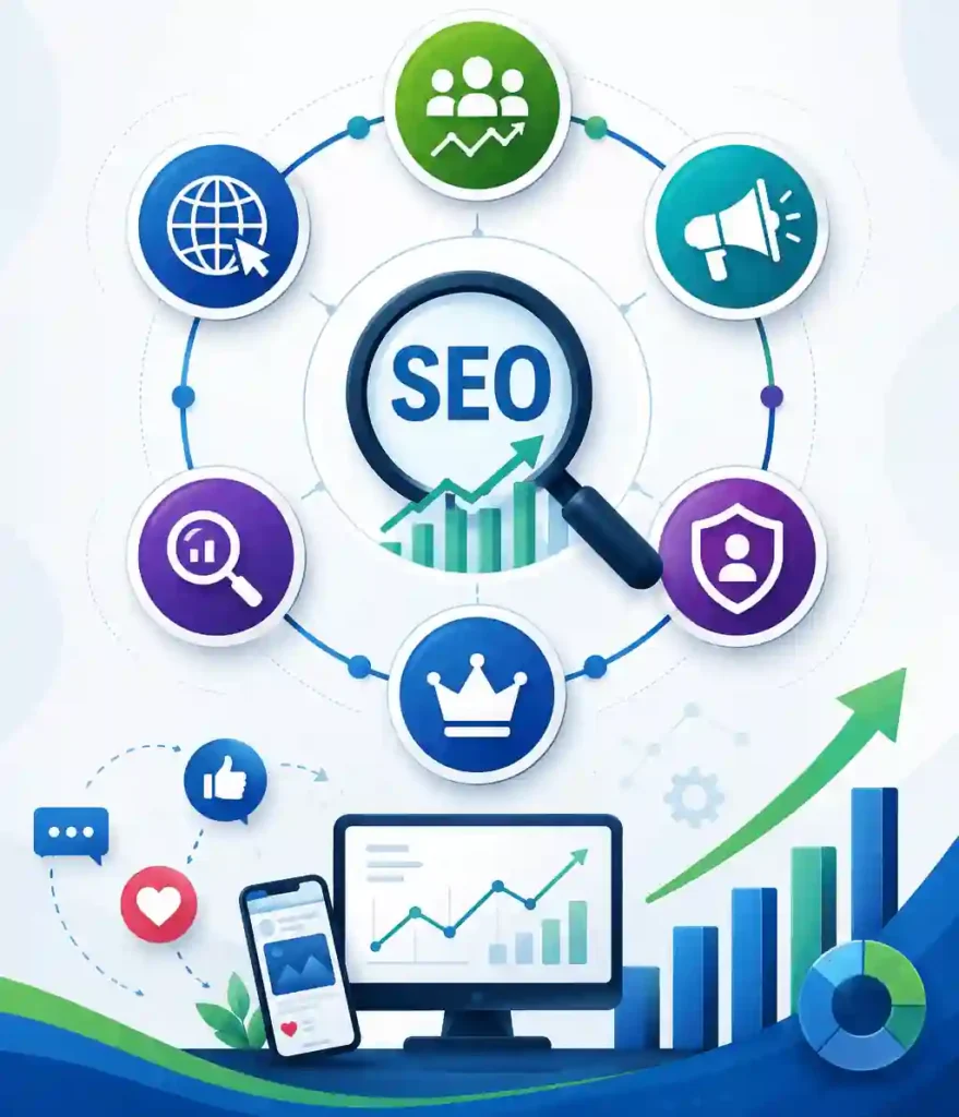 SEO infographic illustrating search engine optimization strategies with analytics