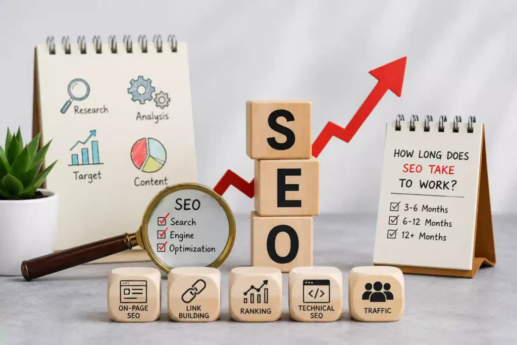 SEO concept image with wooden SEO blocks, magnifying glass, ranking icons, and upward growth arrow representing search engine optimization strategy.