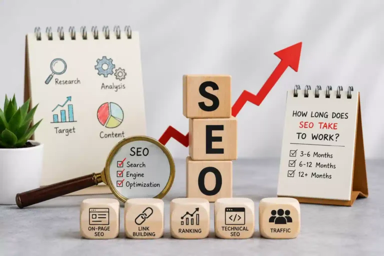 SEO & Digital Marketing Blog , SEO concept image with wooden SEO blocks, magnifying glass, ranking icons, and upward growth arrow representing search engine optimization strategy.