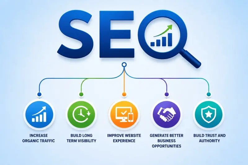 SEO services infographic with tree structure showing organic traffic, visibility, UX, business growth