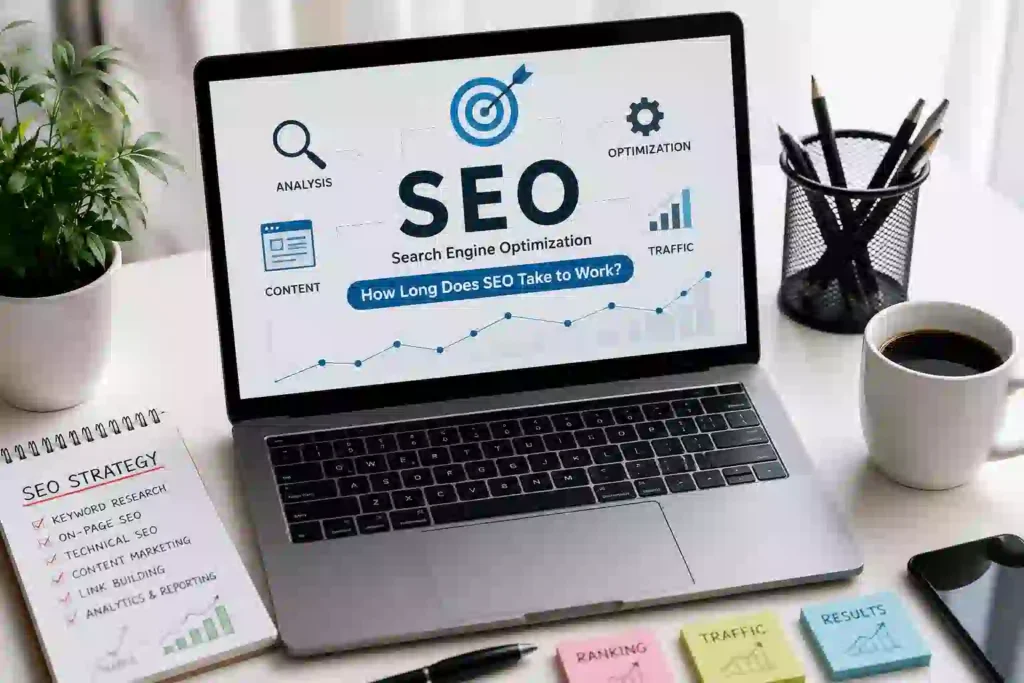 Laptop displaying SEO analytics dashboard with search engine optimization strategy, traffic growth charts, and marketing workspace setup