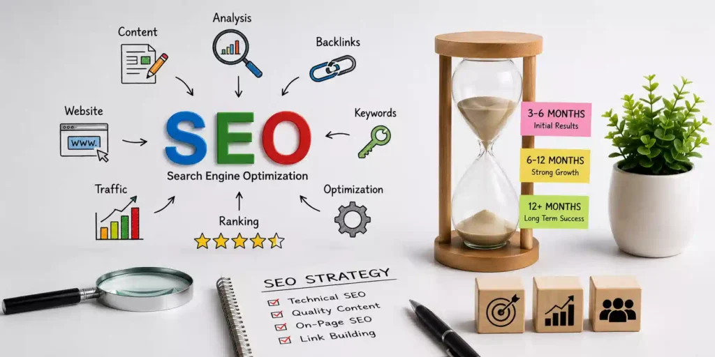 SEO strategy timeline illustration showing website growth, rankings, backlinks, and long-term SEO success