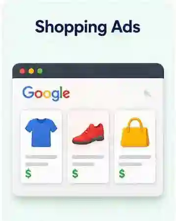 Shopping Ads illustration featuring ecommerce product listings for PPC Campaign Service and online sales growth.