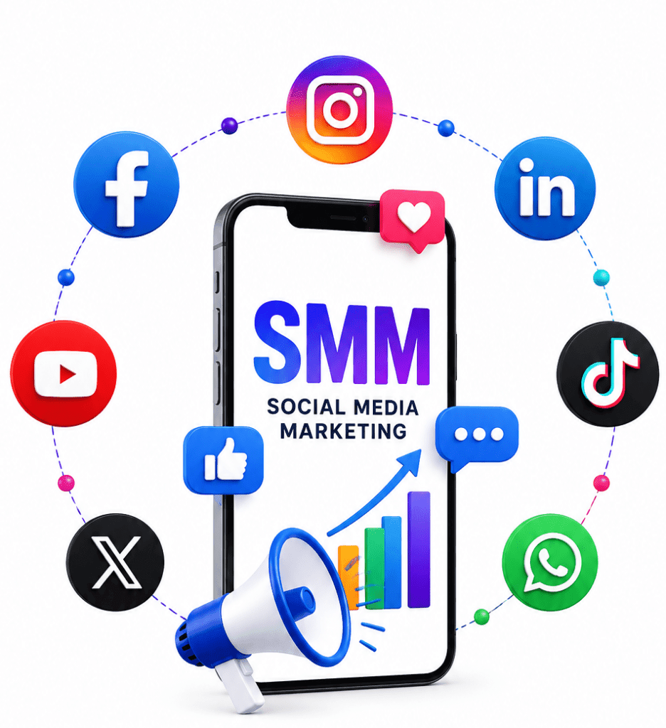 Creative infographic poster for Social Media Marketing Service featuring a central smartphone with SMM branding