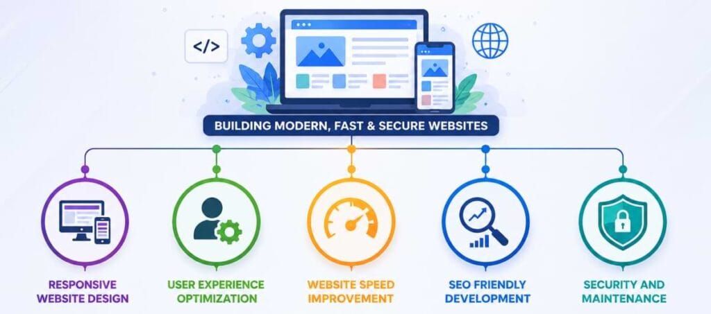 Website Development Services infographic showing responsive website design, user experience optimization