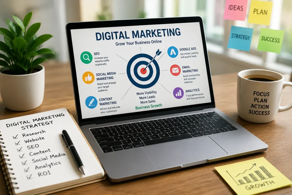Laptop showing digital marketing strategies including SEO, social media marketing, Google Ads, and business growth planning